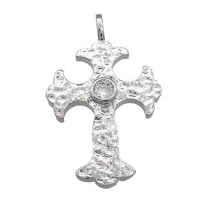 Copper Cross Pendant Pave Zircon Hammered Platinum Plated, approx 25-35mm [FN39175]