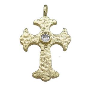 Copper Cross Pendant Pave Zircon Hammered Gold Plated, approx 25-35mm [FN39176]