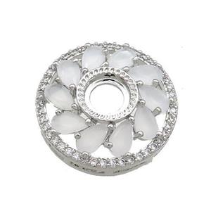 Copper Flower Pendant Pave White Crystal Glass Zircon With Pad Circle Platinum Plated, approx 19.5mm [FN39299]