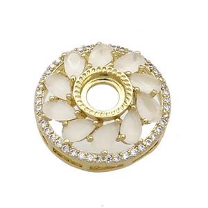 Copper Flower Pendant Pave White Crystal Glass Zircon With Pad Circle Gold Plated, approx 19.5mm [FN39301]