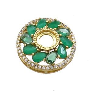 Copper Flower Pendant Pave Green Crystal Glass Zircon With Pad Circle Gold Plated, approx 19.5mm [FN39302]