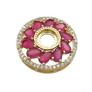Copper Flower Pendant Pave Red Crystal Glass Zircon With Pad Circle Gold Plated, approx 19.5mm [FN39303]