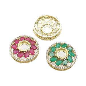 Copper Flower Pendant Pave Crystal Glass Zircon With Pad Circle Gold Plated Mixed, approx 19.5mm [FN39304]