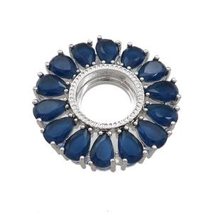Copper Flower Pendant Pave Blue Crystal Glass Zircon With Pad Circle Platinum Plated, approx 25mm [FN39307]