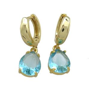Copper Hoop Earrings Pave Aqua Crystal Glass Teardrop Gold Plated, approx 10-12mm, 15mm dia [FN39311]