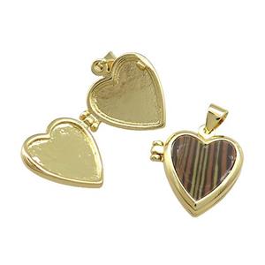 Copper Locket Pendant Pave Synthetic Malachite Heart Gold Plated, approx 15mm [FN39408]