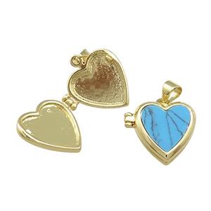 Copper Locket Pendant Pave Blue Turquoise Heart Gold Plated, approx 15mm [FN39410]