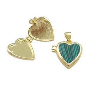 Copper Locket Pendant Pave Synthetic Malachite Heart Gold Plated, approx 15mm [FN39411]