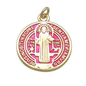 Copper Jesus Pendant Religious Medal Charms Pink Painted Circle Gold Plated, approx 19mm [FN39461]