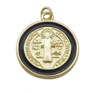 Copper Jesus Pendant Religious Medal Charms Black Enamel Circle Gold Plated, approx 20mm [FN39467]