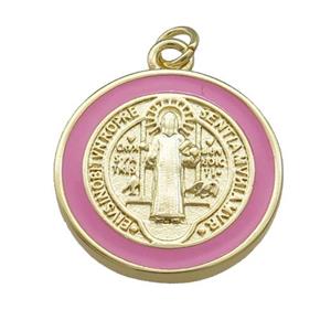 Copper Jesus Pendant Religious Medal Charms Pink Enamel Circle Gold Plated, approx 20mm [FN39468]