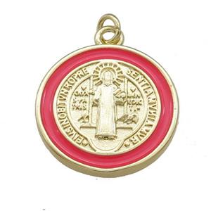Copper Jesus Pendant Religious Medal Charms Red Enamel Circle Gold Plated, approx 20mm [FN39469]