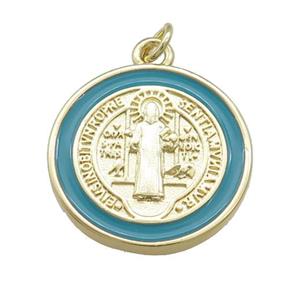Copper Jesus Pendant Religious Medal Charms Green Enamel Circle Gold Plated, approx 20mm [FN39470]