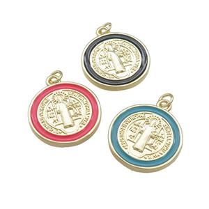 Copper Jesus Pendant Religious Medal Charms CSPB Enamel Circle Gold Plated Mixed, approx 20mm [FN39471]