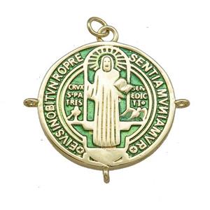 Copper Jesus Pendant Religious Medal Charms Green Painted Circle Gold Plated, approx 25mm [FN39473]
