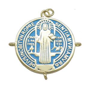 Copper Jesus Pendant Religious Medal Charms Blue Painted Circle Gold Plated, approx 25mm [FN39474]