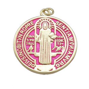 Copper Jesus Pendant Religious Medal Charms Pink Painted Circle Gold Plated, approx 25mm [FN39480]