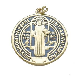 Copper Jesus Pendant Religious Medal Charms Gray Painted Circle Gold Plated, approx 25mm [FN39481]