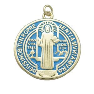 Copper Jesus Pendant Religious Medal Charms Blue Painted Circle Gold Plated, approx 25mm [FN39482]