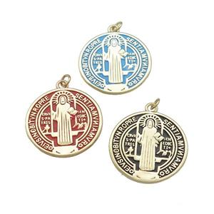 Copper Jesus Pendant Religious Medal Charms Painted Circle Gold Plated Mixed, approx 25mm [FN39484]