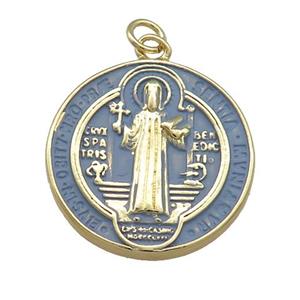 Copper Jesus Pendant Religious Medal Charms BlueGray Painted Circle Gold Plated, approx 23mm [FN39485]