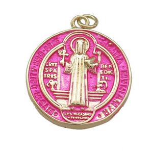 Copper Jesus Pendant Religious Medal Charms HotPink Painted Circle Gold Plated, approx 23mm [FN39487]
