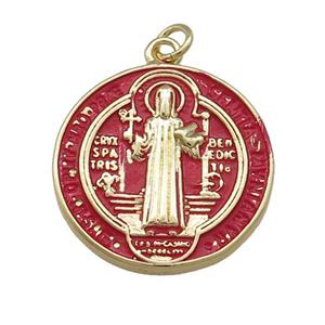 Copper Jesus Pendant Religious Medal Charms Red Painted Circle Gold Plated, approx 23mm [FN39488]