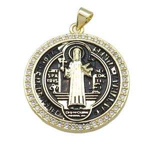 Copper Jesus Pendant Pave Zircon Religious Medal Charms Black Painted Circle Gold Plated, approx 27mm [FN39490]