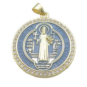 Copper Jesus Pendant Pave Zircon Religious Medal Charms GrayBlue Painted Circle Gold Plated, approx 27mm [FN39491]