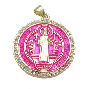 Copper Jesus Pendant Pave Zircon Religious Medal Charms Hotpink Painted Circle Gold Plated, approx 27mm [FN39493]