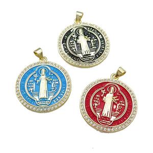 Copper Jesus Pendant Pave Zircon Religious Medal Charms Painted Circle Gold Plated Mixed, approx 27mm [FN39495]
