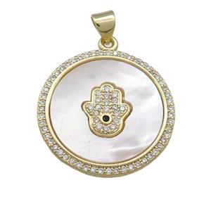 Copper Circle Pendant Pave Shell Zircon Hamsahand 18K Gold Plated, approx 24mm [FN39508]