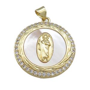 Copper Circle Pendant Pave Shell Zircon Jesus 18K Gold Plated, approx 25mm [FN39509]