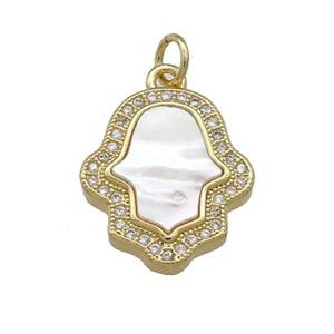 Copper Hamsahand Pendant Pave Shell Zircon 18K Gold Plated, approx 15-18mm [FN39512]