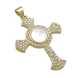 Copper Cross Pendant Pave Shell Zircon 18K Gold Plated, approx 25-31mm [FN39535]