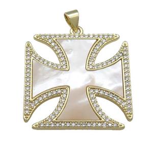 Copper Cross Pendant Pave Shell Zircon 18K Gold Plated, approx 28mm [FN39536]