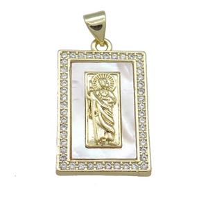 Jesus Charms Copper Rectangle Pendant Pave Shell Zircon 18K Gold Plated, approx 16-24mm [FN39538]