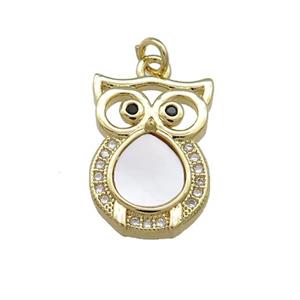 Owl Charms Copper Pendant Pave Shell Zircon 18K Gold Plated, approx 13-18mm [FN39549]