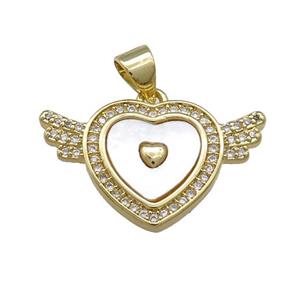 Copper Heart Pendant Pave Shell Zircon Angel Wings 18K Gold Plated, approx 14-23mm [FN39559]