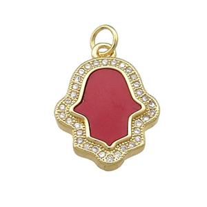 Copper Hamsahand Pendant Pave Red Shell Zircon 18K Gold Plated, approx 15-18mm [FN39574]