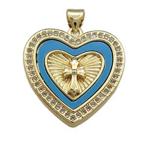 Copper Heart Pendant Pave Blue Shell Zircon Cross 18K Gold Plated, approx 22mm [FN39576]