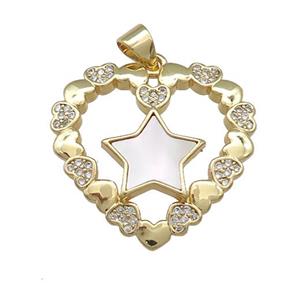 Copper Heart Pendant Pave Shell Zircon Star 18K Gold Plated, approx 25mm [FN39585]