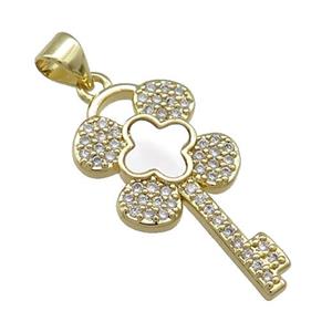 Copper Key Pendant Pave Shell Zircon Clover 18K Gold Plated, approx 13-26mm [FN39586]