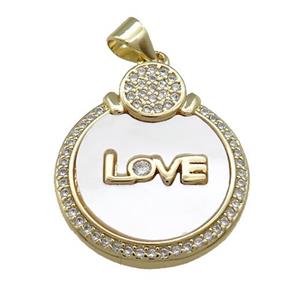 Copper Circle Pendant Pave Shell Zircon LOVE 18K Gold Plated, approx 20mm [FN39600]