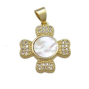Copper Cross Pendant Pave Shell Zircon Heart 18K Gold Plated, approx 17mm [FN39625]