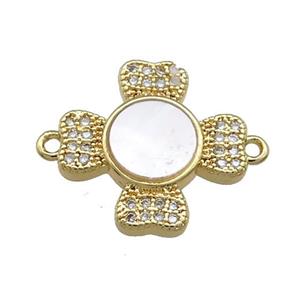 Copper Cross Connector Pave Shell Zircon Heart 18K Gold Plated, approx 17mm [FN39626]