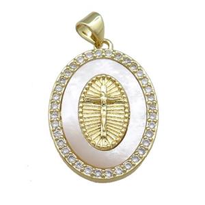 Copper Oval Pendant Pave Shell Zircon Cross Medal Charms 18K Gold Plated, approx 19-25mm [FN39637]