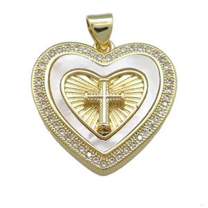 Copper Heart Pendant Pave Shell Zircon Cross 18K Gold Plated, approx 23mm [FN39639]