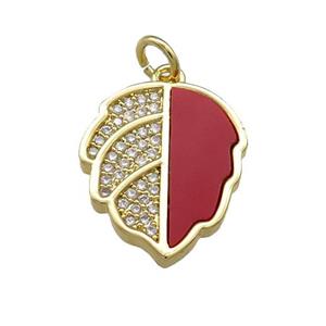 Copper Leaf Pendant Pave Red Shell Zircon 18K Gold Plated, approx 15-18mm [FN39644]