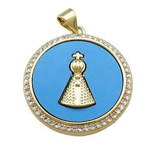 Copper Circle Pendant Pave Blue Shell Zircon Pope Charms 18K Gold Plated, approx 24mm [FN39656]